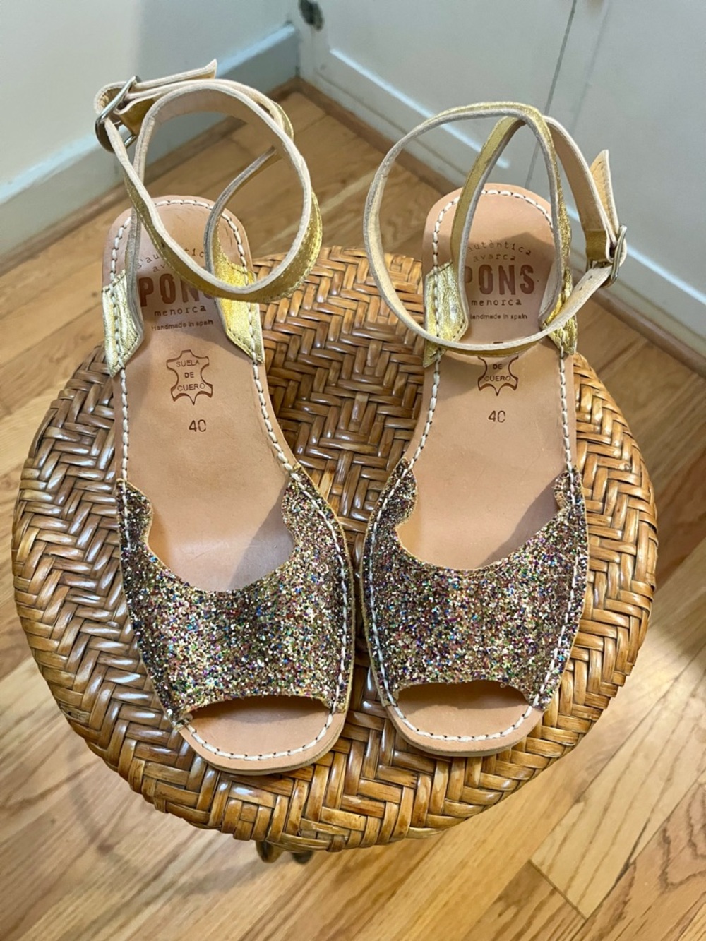 NWOT - PONS Multicolor Glitter Cork Wedge with Gold Ankle Straps